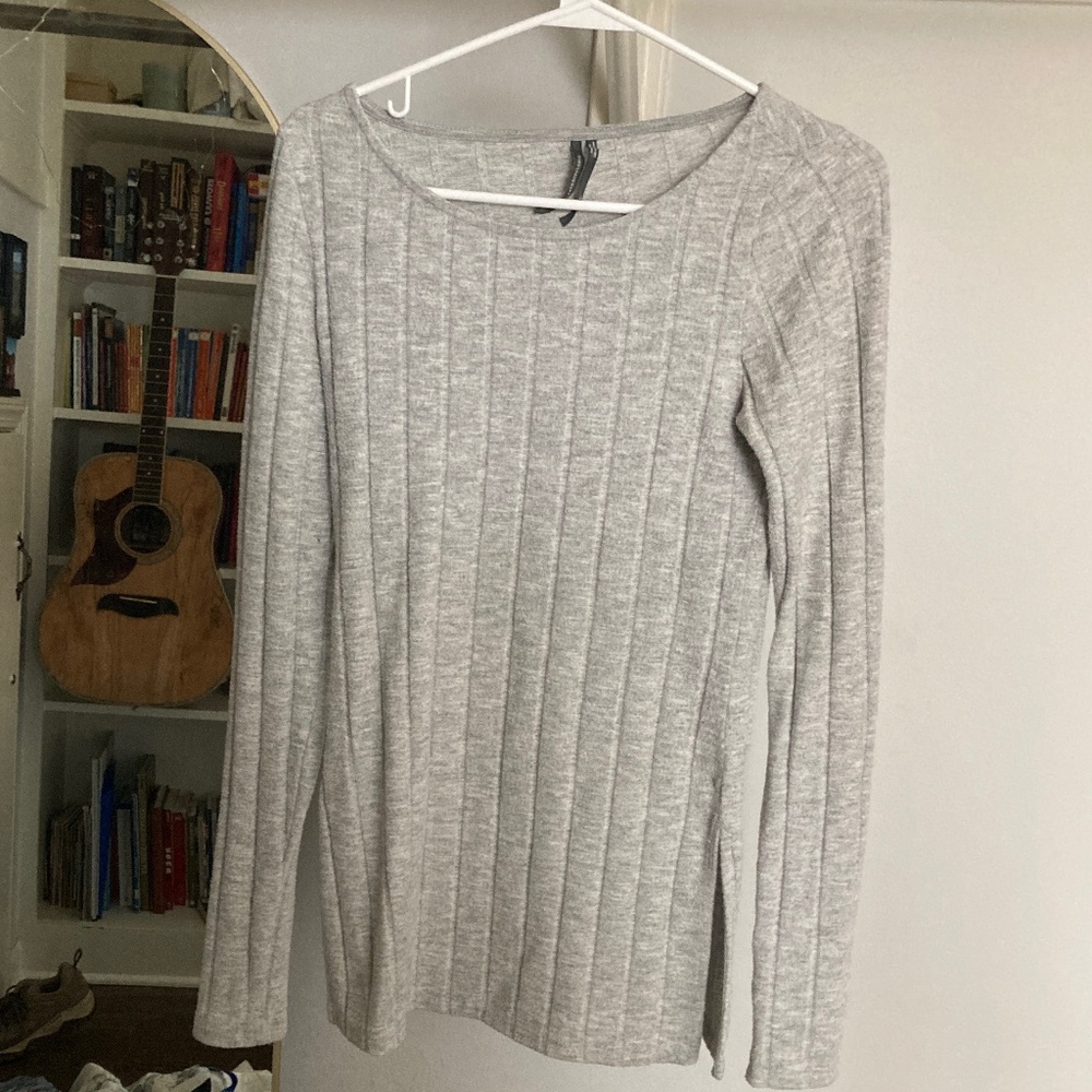 Anthropologie Tunic Ribbed Side-Slit Long Sleeve Sweater Light Gray